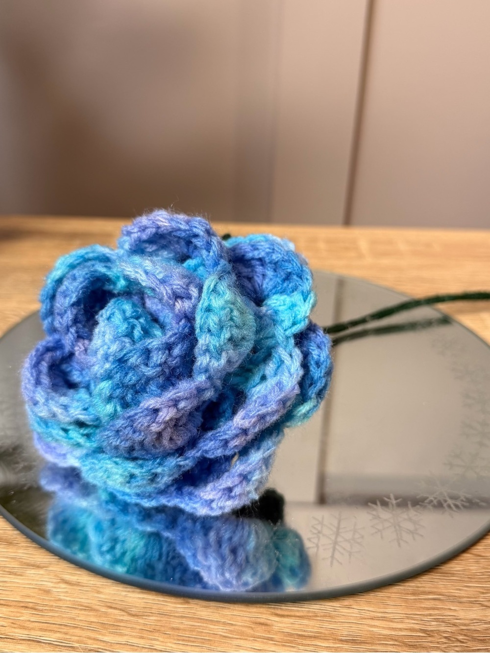 Hand crocheted blue and purple rose flower 4”